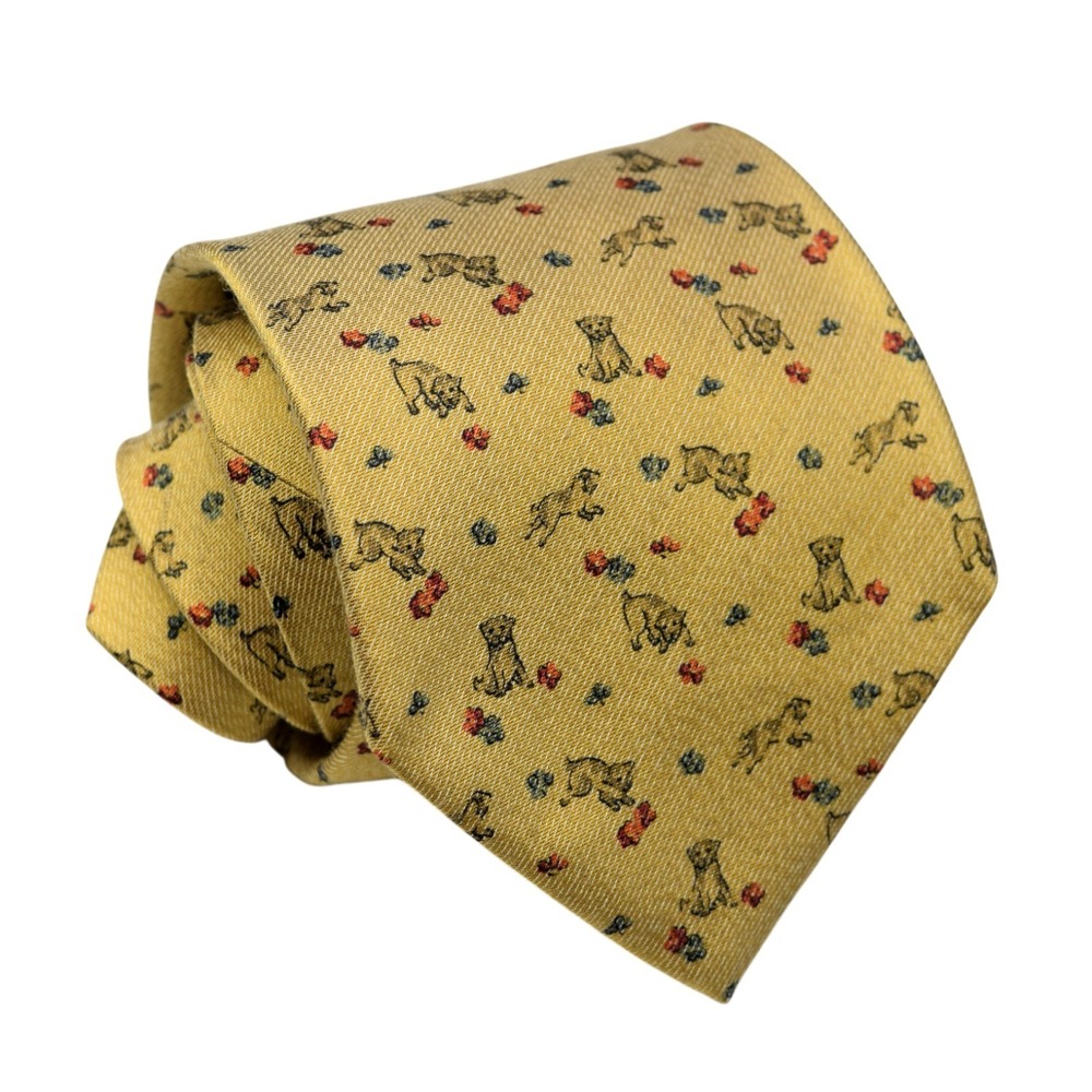 Salvatore Ferragamo Mens Yellow‎ Dog Puppy Silk Cashmere Blend Tie Vintage Italy